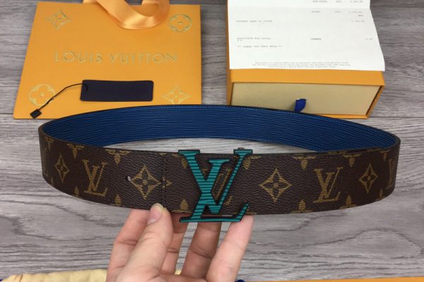 Replica Louis Vuitton MP109V LV Initiales 40mm reversible belt In Blue Epi/Monogram Canvas With Green Buckle