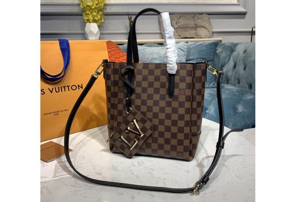 Replica Louis Vuitton N60348 LV Belmont PM Bag in Damier Ebene canvas With Black Leather