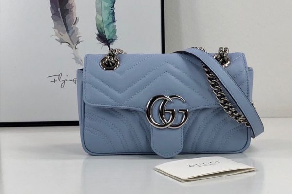 Replica Gucci 446744 GG Marmont mini bag in Pastel Blue matelasse chevron leather with heart