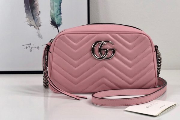 Replica Gucci 447632 GG Marmont small shoulder bag in Pastel Pink matelasse chevron leather with GG