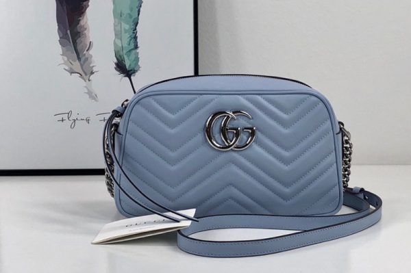 Replica Gucci 447632 GG Marmont small shoulder bag in Pastel Blue matelasse chevron leather with GG