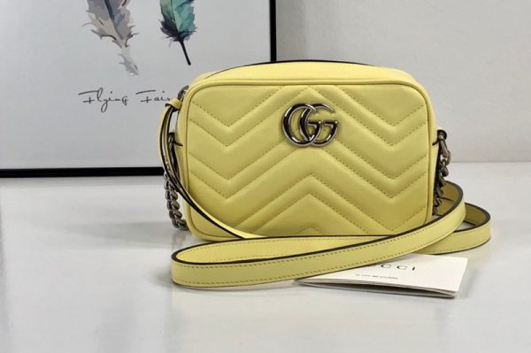 Replica Gucci 448065 GG Marmont matelasse mini bag in Pastel Yellow matelasse chevron leather with GG