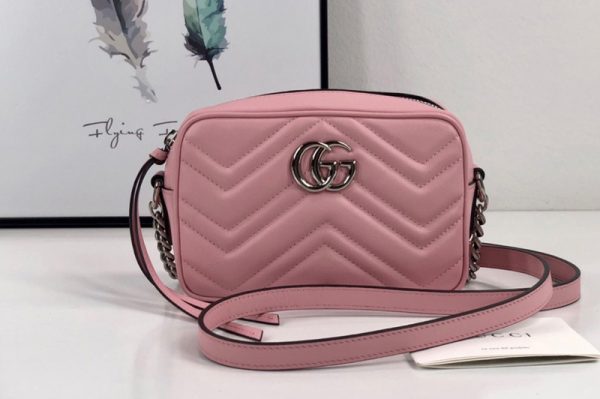 Replica Gucci 448065 GG Marmont matelasse mini bag in Pastel Pink matelasse chevron leather with GG