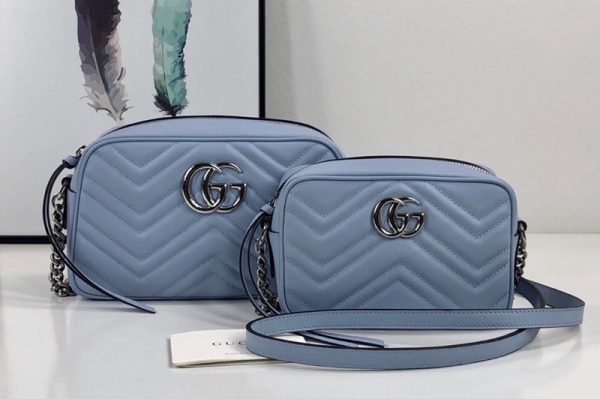 Replica Gucci 448065 GG Marmont matelasse mini bag in Pastel Blue matelasse chevron leather with GG