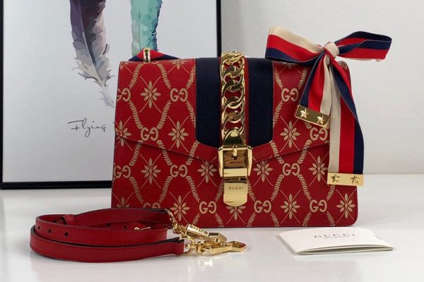 Replica Gucci 524405 Red Sylvie GG rhombus flower small shoulder bag in Gold GG rhombus flower with Web