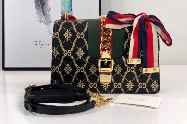 Replica Gucci 524405 Black Sylvie GG rhombus flower small shoulder bag in Gold GG rhombus flower with Web