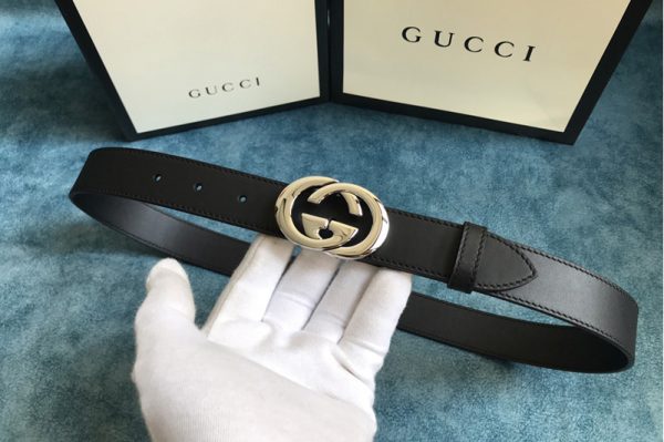 Replica Gucci 574807 30mm Belt with Silver Interlocking G buckle in Black Leather