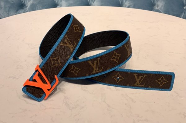 Replica Louis Vuitton MP204V LV Shape Patchwork 40mm belt in Monogram canvas With Orange Buckle