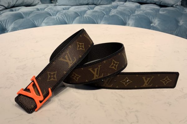 Replica Louis Vuitton MP205V LV Shape Patchwork 40mm belt in Monogram canvas With Orange Buckle