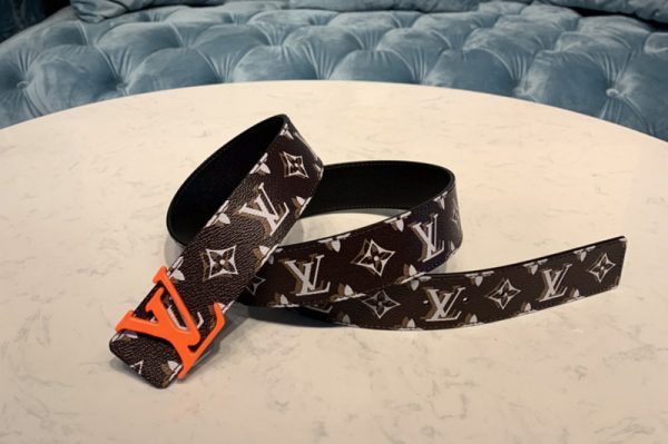 Replica Louis Vuitton MP241V LV Shape 40mm reversible belt in Monogram Canvas With Orange Buckle