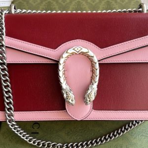 Replica Gucci 400249 Dionysus small shoulder bag in Dark red leather with pink leather