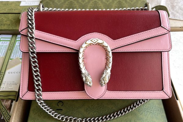 Replica Gucci 400249 Dionysus small shoulder bag in Dark red leather with pink leather