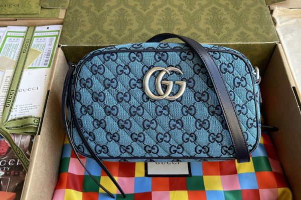 Replica Gucci 447632 GG Marmont Multicolor small shoulder bag in Blue diagonal matelassé GG canvas