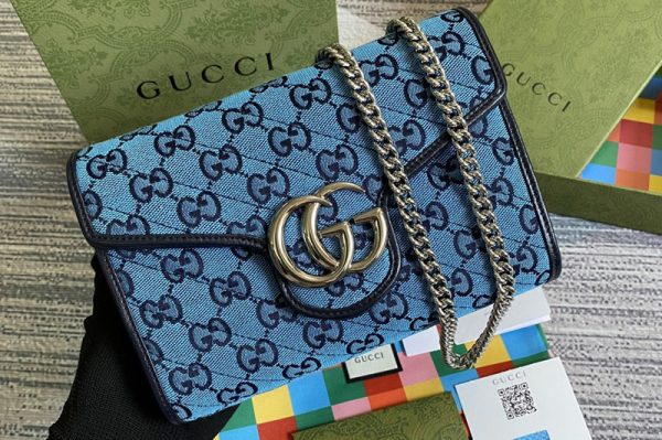 Replica Gucci 474575 GG Marmont Multicolor mini bag in Light blue and blue diagonal matelassé GG canvas