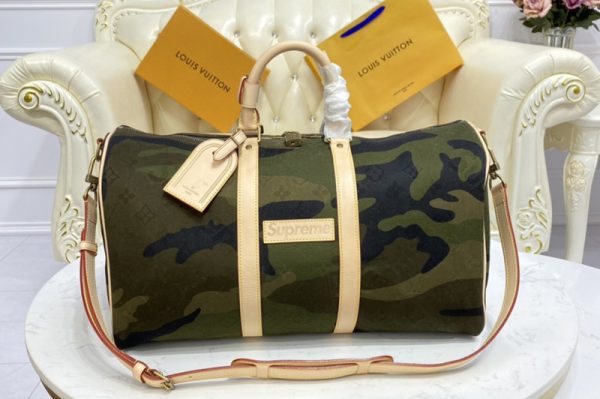 Replica Louis Vuitton X Supreme M43466 LV Keepall 45 Bandouliere Bag in Monogram Camouflage