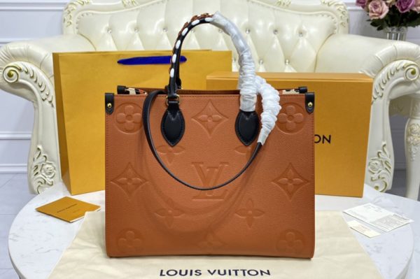 Replica Louis Vuitton M45595 LV Onthego MM tote bag in Brown Monogram Empreinte Leather