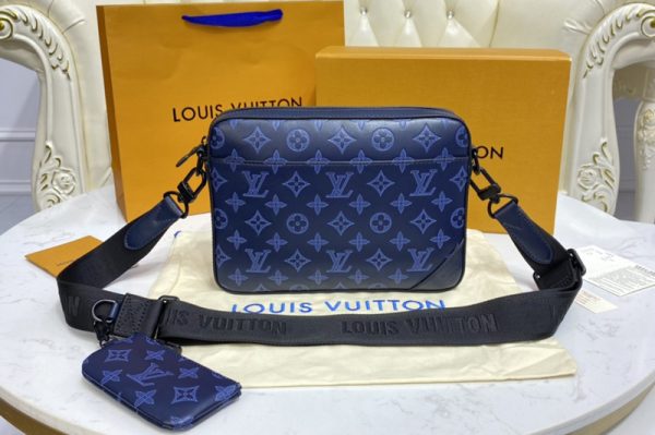 Replica Louis Vuitton M45730 LV Duo Messenger bag in navy blue Monogram Shadow leather