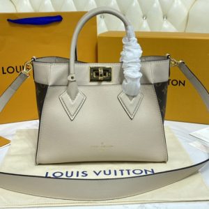 Replica Louis Vuitton M57729 LV On My Side PM tote bag in Greige soft calf leather and Monogram canvas