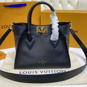 Replica Louis Vuitton M57728 LV On My Side PM tote bag in Black soft calf leather and Monogram canvas