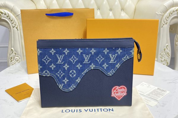 Replica Louis Vuitton M45961 LV Pochette Voyage MM in Blue Monogram denim and Navy Blue Taurillon leather