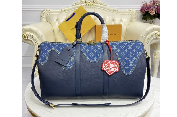 Replica Louis Vuitton M45975 LV Keepall Bandouliere 50 Travel Bag in Blue Monogram denim and Navy Blue Taurillon leather