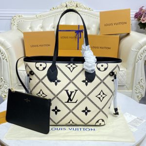 Replica Louis Vuitton M46039 LV Neverfull tote Bag in Black/Beige Monogram Empreinte leather