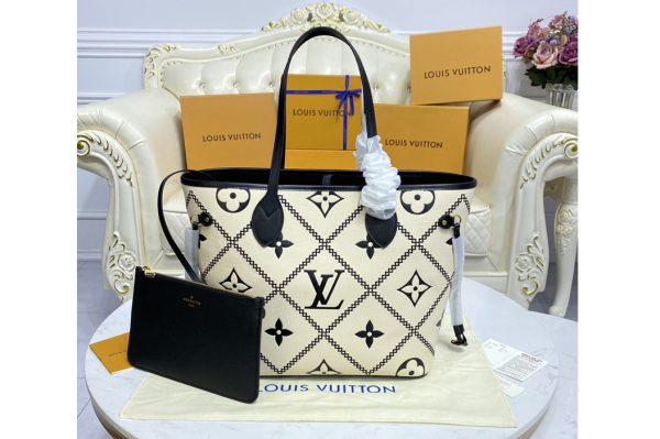 Replica Louis Vuitton M46039 LV Neverfull tote Bag in Black/Beige Monogram Empreinte leather