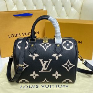 Replica Louis Vuitton M58947 LV Speedy Bandoulière 25 handbag in Black / Beige Monogram Empreinte leather