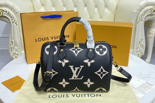 Replica Louis Vuitton M58947 LV Speedy Bandoulière 25 handbag in Black / Beige Monogram Empreinte leather