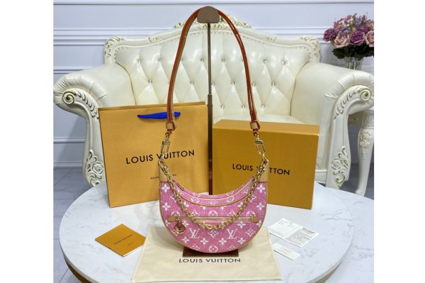 Replica Louis Vuitton M81166 LV Loop baguette handbag in Pink Denim jacquard textile