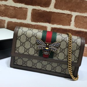 Replica Gucci 476079 Queen Margaret Mini GG Bag in Beige/ebony GG Supreme canvas With Brown Leather