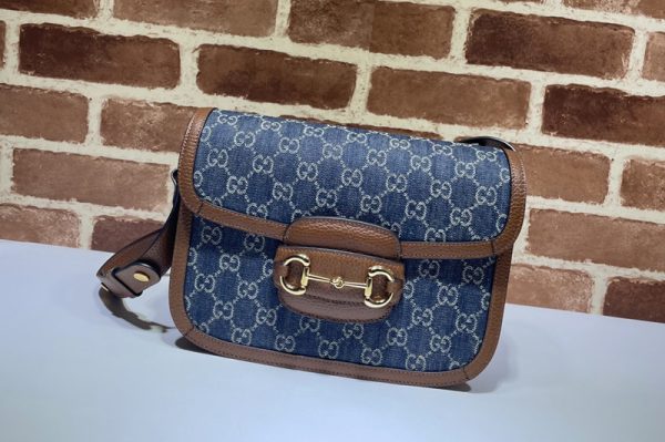 Replica Gucci 602204 Gucci Horsebit 1955 small bag in Beige and Blue Original GG canvas