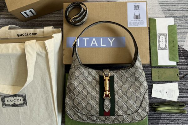 Replica Gucci x Balenciaga 636706 The Hacker Project small Jackie 1961 bag in Beige and ebony GG Supreme canvas with white Balenciaga print