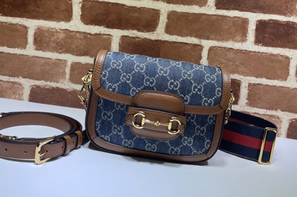 Replica Gucci 658574 Gucci Horsebit 1955 mini bag Dark blue and ivory eco washed organic GG jacquard denim