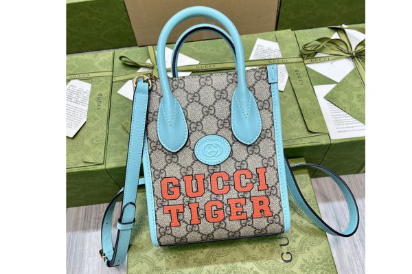 Replica Gucci 671623 Tiger GG mini tote bag in Beige and ebony GG Supreme canvas