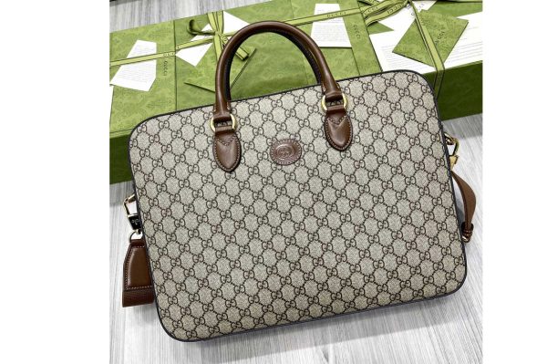 Replica Gucci 674140 Business case with Interlocking G in Beige and ebony GG Supreme canvas