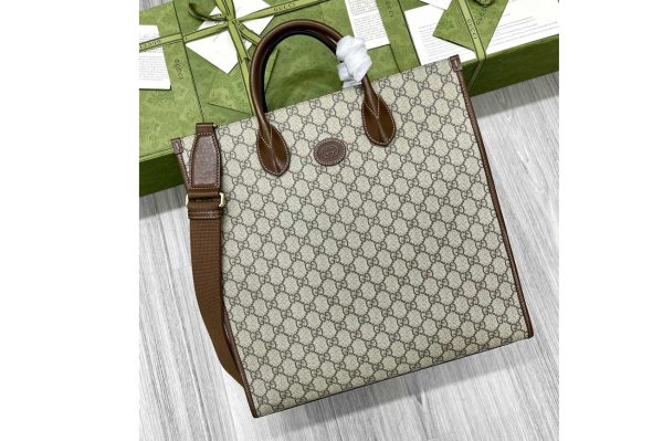 Replica Gucci 674155 Medium tote Bag with Interlocking G in Beige and ebony GG Supreme canvas