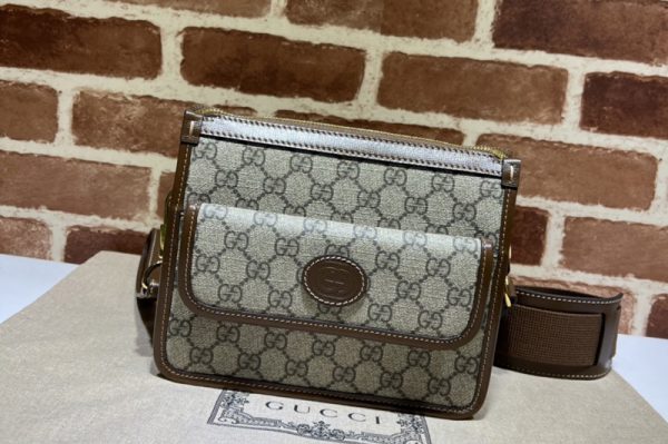 Replica Gucci 674164 Messenger bag with Interlocking G in Beige and ebony GG Supreme canvas