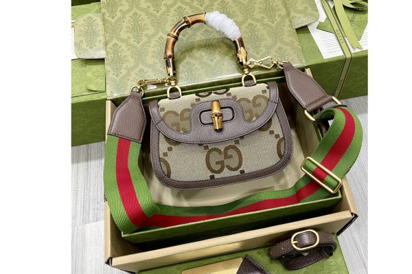 Replica Gucci 675797 Small jumbo GG bag with bamboo in Camel and ebony jumbo GG canvas