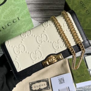 Replica Gucci 676155 GG wallet with chain in White GG leather with Black trim