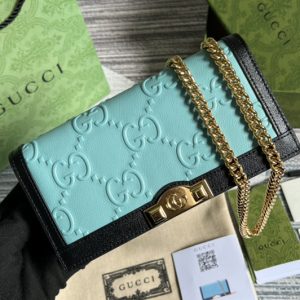 Replica Gucci 676155 GG wallet with chain in Light blue GG leather with dark blue trim