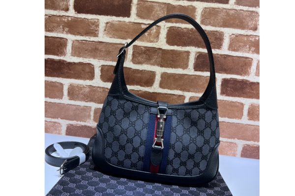 Replica Gucci x Balenciaga 680118 Women's Hacker Small Hobo Bag in black and dark grey canvas jacquard