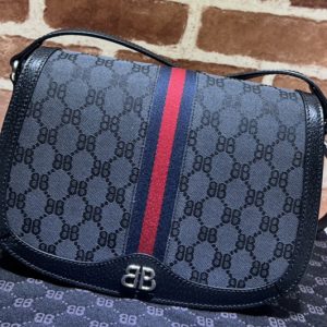 Replica Gucci x Balenciaga 680121 Women's Hacker Medium Shoulder Bag in black and dark grey canvas jacquard