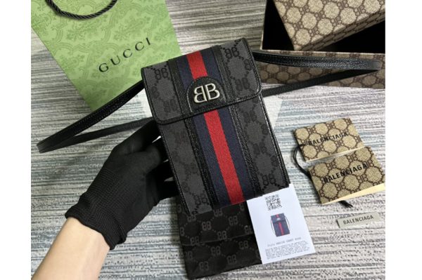 Replica Gucci x Balenciaga 680130 Men's Hacker Phone Bag in black and dark grey canvas jacquard