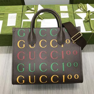 Replica Gucci 680956 Gucci 100 small tote bag in Gucc100 print brown leather