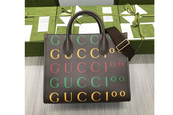 Replica Gucci 680956 Gucci 100 small tote bag in Gucc100 print brown leather