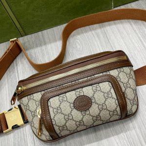 Replica Gucci 682933 Belt bag with Interlocking G in Beige and ebony GG Supreme canvas