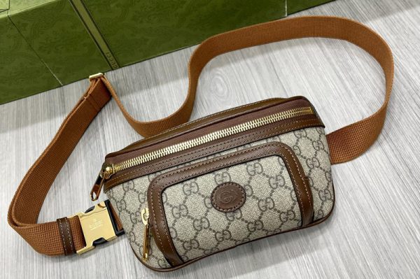 Replica Gucci 682933 Belt bag with Interlocking G in Beige and ebony GG Supreme canvas