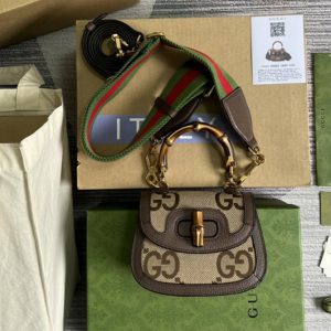 Replica Gucci 686864 Mini jumbo GG bag with Bamboo in Camel and ebony jumbo GG canvas