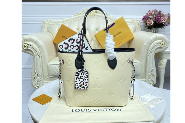 Replica Louis Vuitton M58525 LV Neverfull MM tote Bag in Cream Monogram Empreinte leather